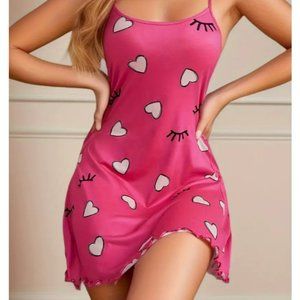 Cute Heart & Eyelash Print Lettuce Trim Slip Nightdress-Pink, Spaghetti Straps